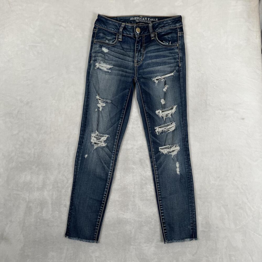 American Eagle Jegging Crop Jeans Womens 4 Blue Medium Wash Distressed Denim
